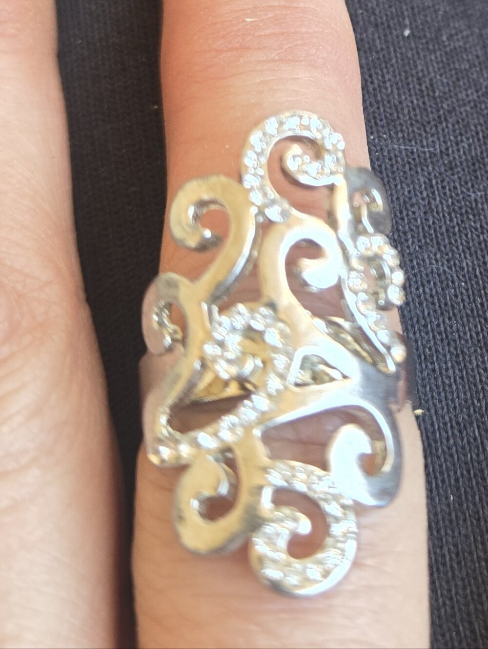 Beautiful Elongated Filigree Scroll Statement Ring w/ Pave Set Crystal Gems ADJ